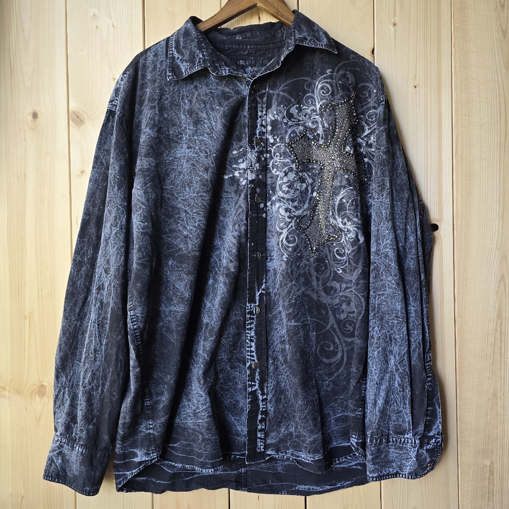 Vegas Royalty Long Sleeve Button Down Shirt Rhinestone Cross Mens XL